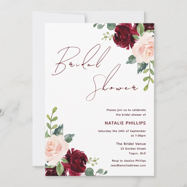 Burgundy & Blush Flowers Bridal Shower Invitation (Front)