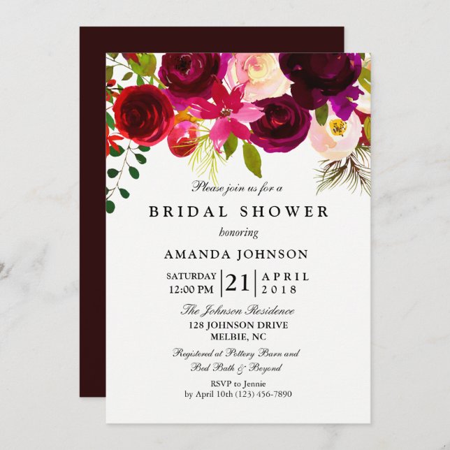 Burgundy Blush Flowers Bridal Shower Invitation (Front/Back)