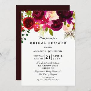 Burgundy Blush Flowers Bridal Shower Invitation