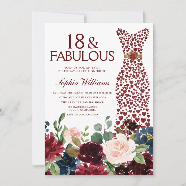 Burgundy Blush Flowers & Dress 18th Birthday Party Invitation (Front)