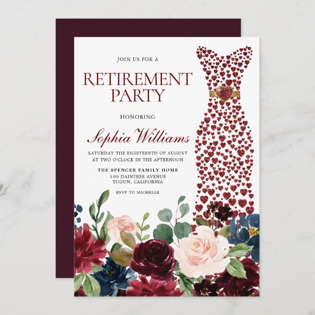 Burgundy Blush Flowers Dress Retirement Party Invitation (Front/Back)
