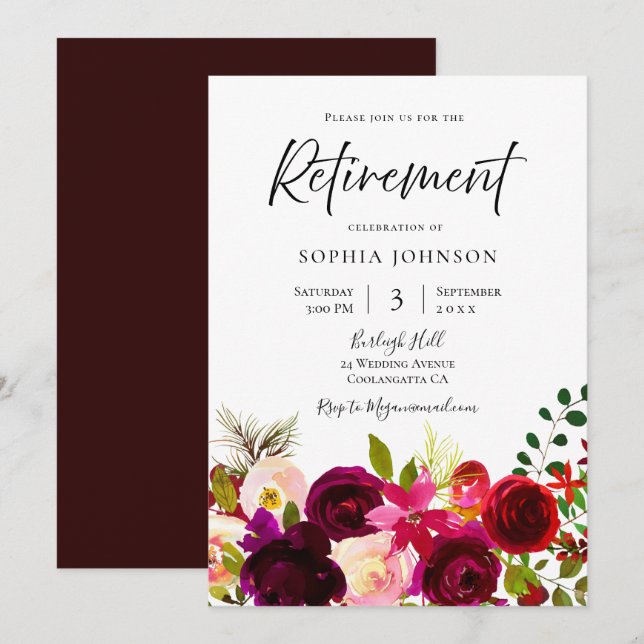 Burgundy & Blush Flowers Elegant Retirement Party Invitation (Front/Back)