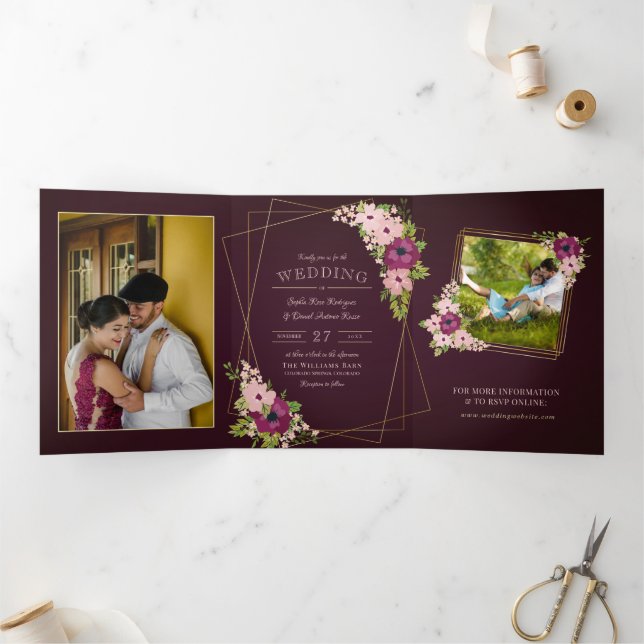 Burgundy & Blush Flowers Geometric Wedding Tri-Fold Invitation (Inside)