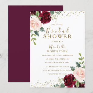 Burgundy Blush Flowers Glitter Bridal Shower Invitation