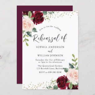 Burgundy & Blush Flowers Glitter Rehearsal Dinner Invitation