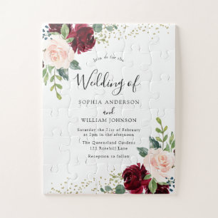 Burgundy & Blush Flowers Glitter Wedding Invitatio Jigsaw Puzzle
