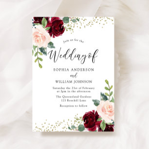 Burgundy & Blush Flowers Glitter Wedding Invitation