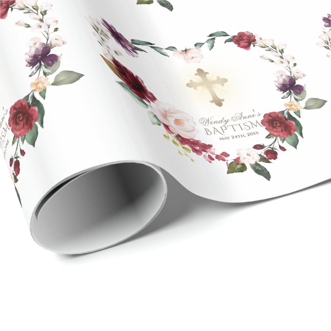 Burgundy Blush Flowers Gold Frame Cross Baptism Wrapping Paper (Roll Corner)