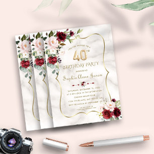Burgundy Blush Flowers Gold Marble 40th Birthday  Invitation