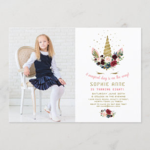 Burgundy Blush Flowers Gold Unicorn Photo Birthday Invitation