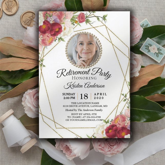 Burgundy Blush Flowers Photo Retirement Party Invitation (Creator Uploaded)