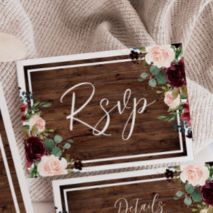 Burgundy & Blush Flowers Rustic Wood Wedding RSVP Card