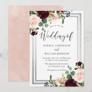 Burgundy Blush Flowers & Silver Spring Wedding Invitation
