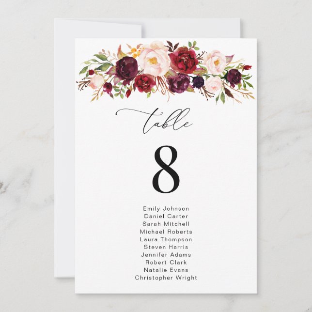 Burgundy Blush Flowers Table Number Seating Chart (Front)