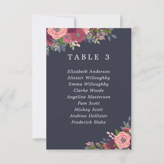 Burgundy & Blush Flowers Table Plan Card (Front)