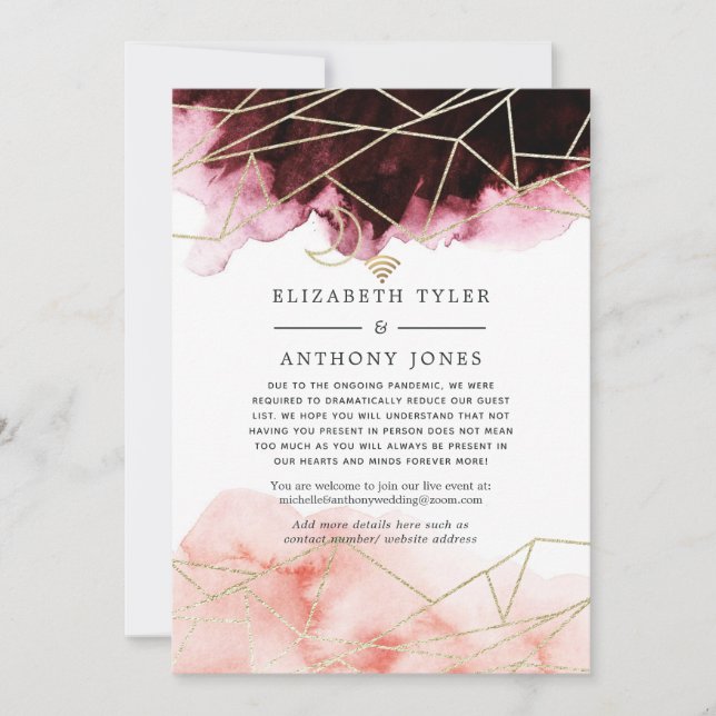 Burgundy & Blush Geometric Reduced Wedding Guests Announcement (Front)