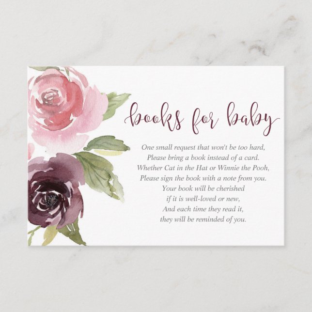 Burgundy blush girl baby shower book request enclosure card (Front)