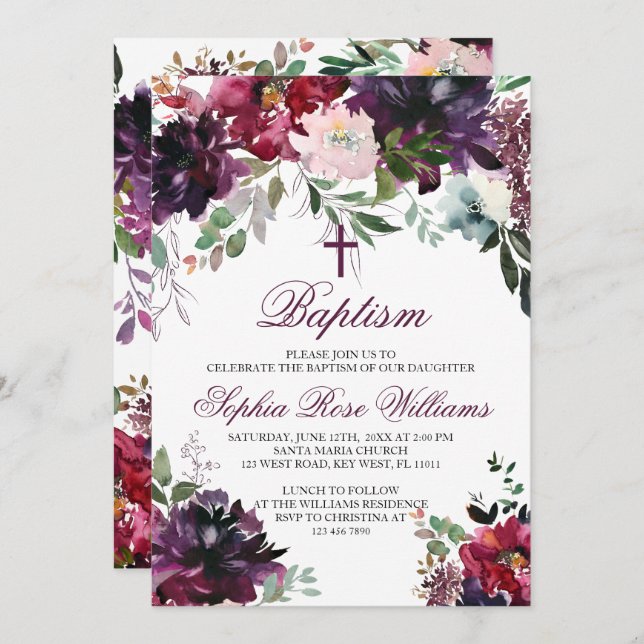 Burgundy Blush Girl Baptism Invitation (Front/Back)