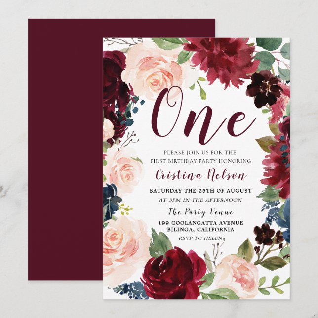 Burgundy & Blush Girls or Boys 1st Birthday Party Invitation (Front/Back)