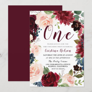 Burgundy & Blush Girls or Boys 1st Birthday Party Invitation