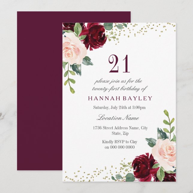 Burgundy Blush Glitter 21st Birthday Party Invitation (Front/Back)