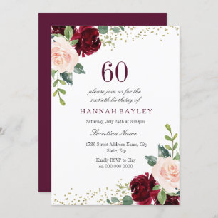 Burgundy Blush Glitter 60th Birthday Party Invitation