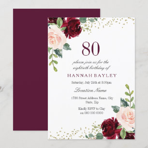 Burgundy Blush Glitter 80th Birthday Party Invitation