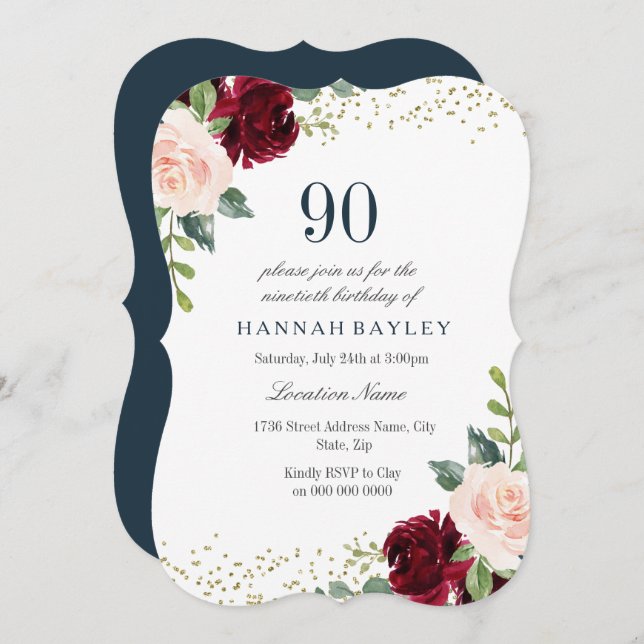 Burgundy Blush Glitter 90th Birthday Party Invite (Front/Back)
