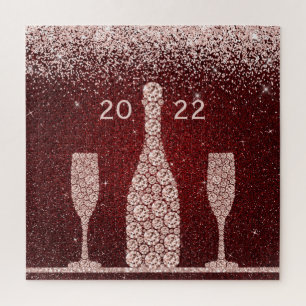 Burgundy Blush Glitter Champagne Toast 2022 Jigsaw Puzzle
