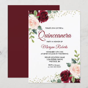 Burgundy Blush Glitter Floral Quinceanera Invitation