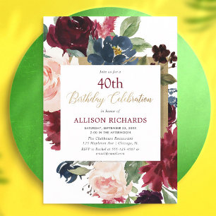 Burgundy Blush Gold Floral Adult Birthday Invitation