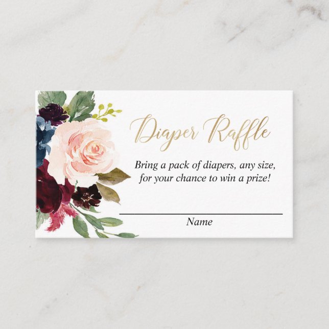 Burgundy blush gold floral diaper raffle cards (Front)