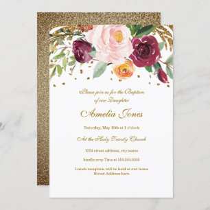 Burgundy Blush Gold Floral Glitter Baptism Invitation