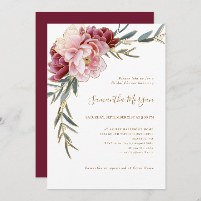 Burgundy Blush Gold Floral Greenery Bridal Shower Invitation (Front/Back)