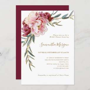 Burgundy Blush Gold Floral Greenery Bridal Shower Invitation