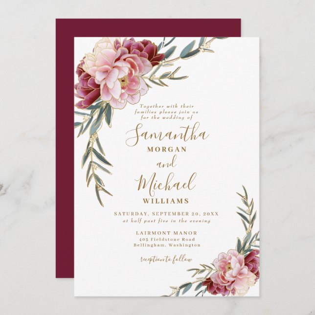 Burgundy Blush Gold Floral Greenery Wedding Invitation (Front/Back)