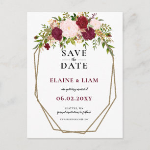 Burgundy Blush Gold Floral Monogram save the date Announcement Postcard
