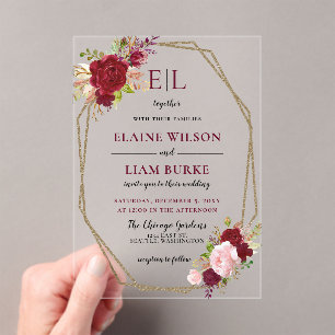 Burgundy Blush Gold Floral Monogram Wedding Acrylic Invitations