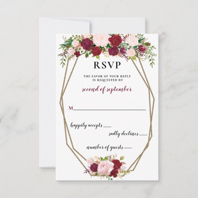 Burgundy Blush Gold Floral Monogram Wedding rsvp (Front)
