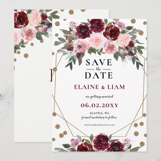 Burgundy Blush Gold Floral Monogram Wedding Save T The Date (Front/Back)