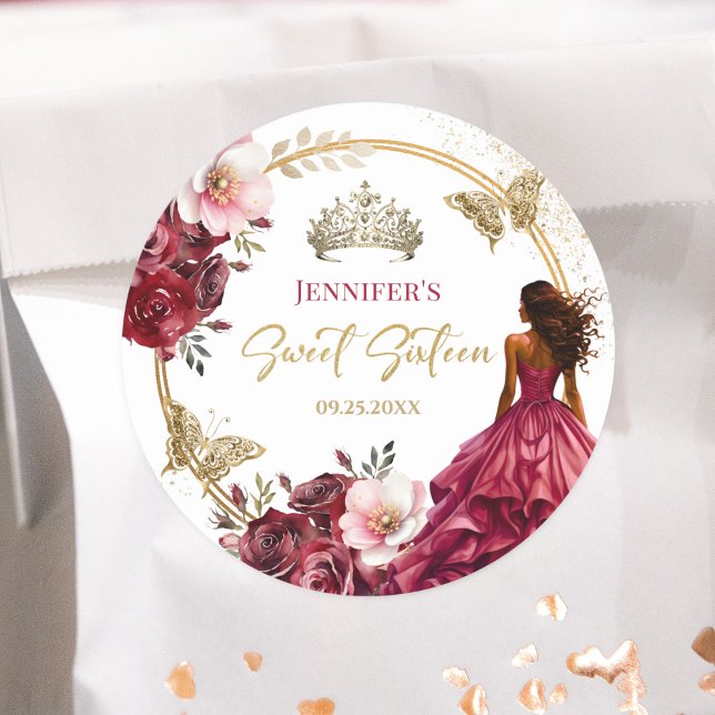 Burgundy Blush Gold Floral Princess Sweet 16 Classic Round Sticker (Creator Uploaded)