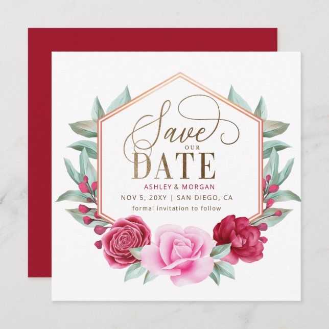 Burgundy Blush Gold Floral Save the Date Announcement (Front/Back)