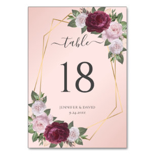 Burgundy Blush Gold Floral Wedding Table Number