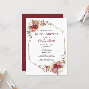 Burgundy Blush Gold Frame Floral Bridal Shower Invitation