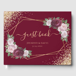 Burgundy Blush Gold Geometric Floral Wedding Guest Guest Book