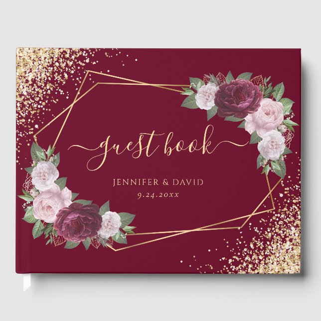 Burgundy Blush Gold Geometric Floral Wedding Guest Guest Book (Front)