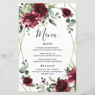 Burgundy Blush Gold Greenery Wedding Menu Cards