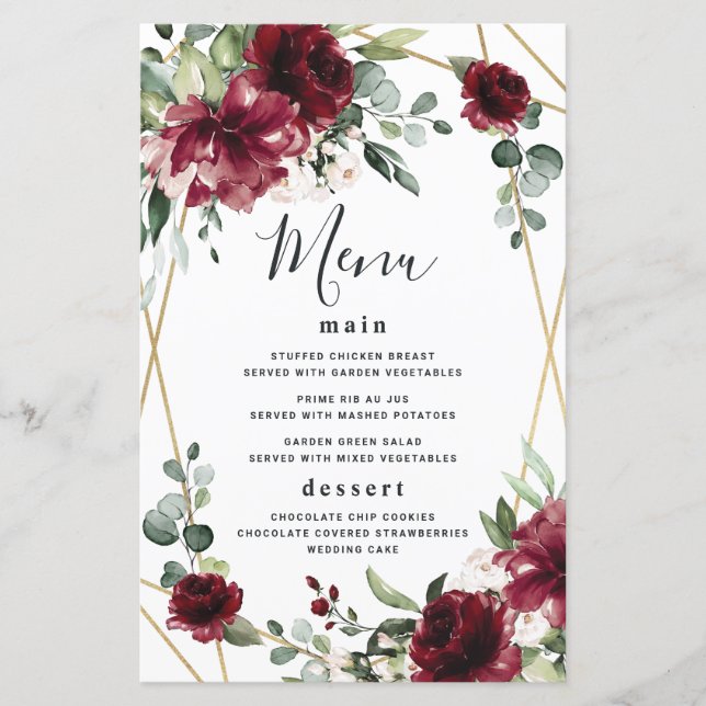 Burgundy Blush Gold Greenery Wedding Menu Cards (Front)