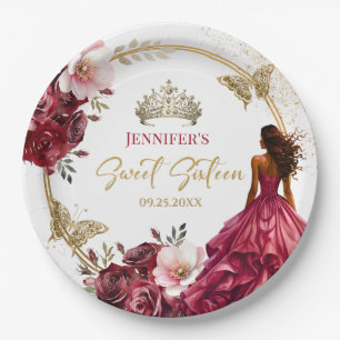 Burgundy Blush Gold Princess Floral Sweet 16 Paper Plate
