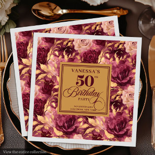 Burgundy blush gold roses 50th birthday party  napkin